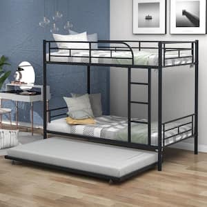 Detachable Black Twin over Twin Metal Bunk Bed with Trundle, Built-in Ladder and Full-Length Guardrails for Upper Bed
