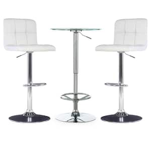 Gonzalez 3-Piece Round Glass Top Chrome Bar Table Set Adjustable Base with Adjustable White Faux Leather Barstools
