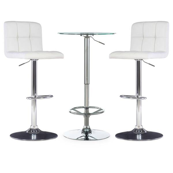Powell Company Gonzalez 3-Piece Round Glass Top Chrome Bar Table Set Adjustable Base with Adjustable White Faux Leather Barstools