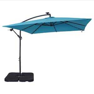 8. 3 ft. Solar 32 LED Lights Square Outdoor Patio Cantilever Umbrella with Crank Lift and Base in Lake Blue