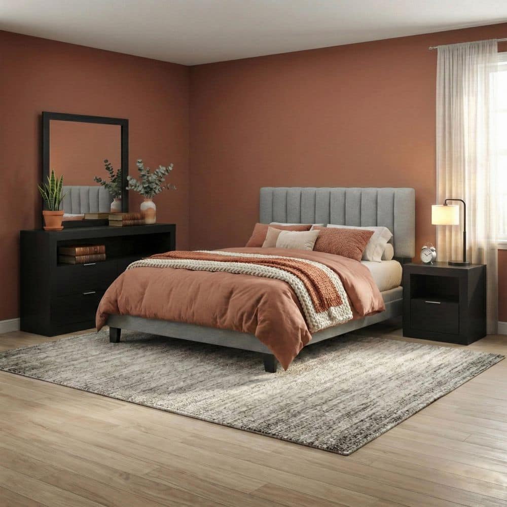 Davenly 4-Piece Black/Grey Wood Frame Upholstered Queen Panel Bedroom Set with Nightstand and Dresser/Mirror price history on PriceWatchPro