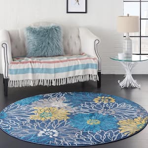 Passion Blue 5 ft. x 5 ft. Floral Contemporary Round Rug