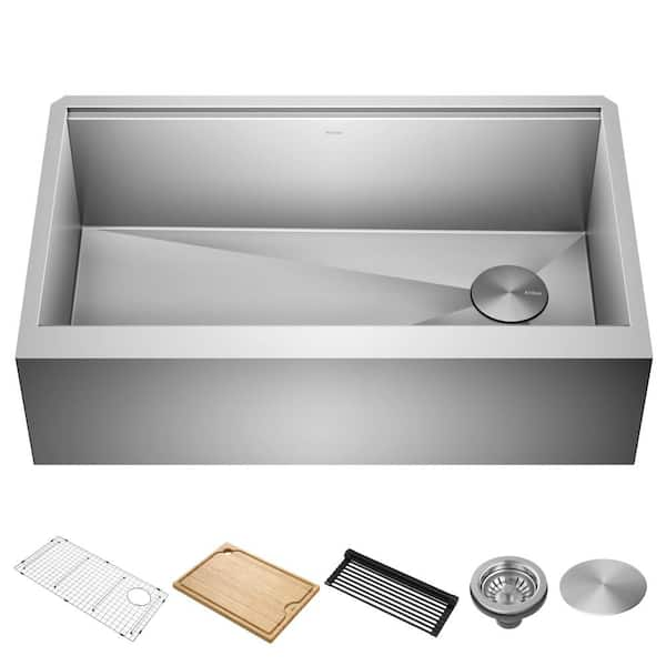 Kore 33 in. Farmhouse/Apron-Front Single Bowl 16 Gauge Stainless Steel Kitchen Workstation Sink with Accessories