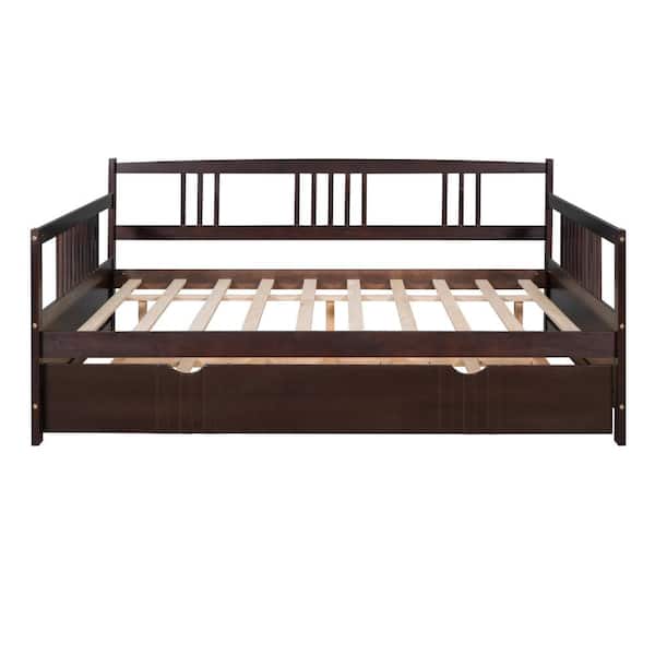 Espresso Full Size Daybed with Twin Size Trundle, Solid Pine Wood Frame, Space-Saving Design for Guest Room