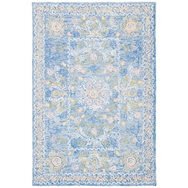 SAFAVIEH Micro-Loop Blue/Green 4 ft. x 6 ft. Floral Border Area Rug