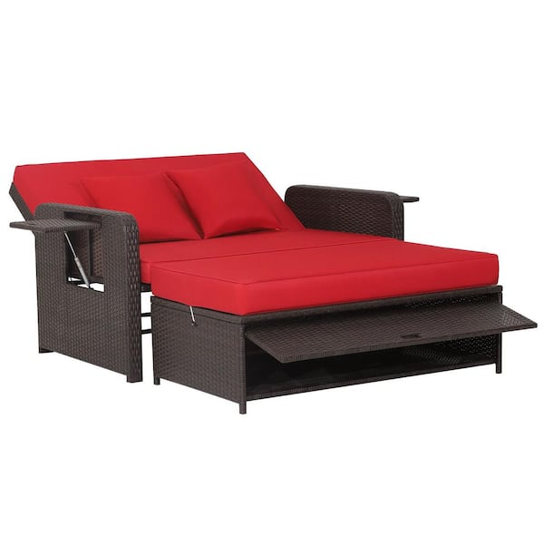 Liviza 2-Piece Wicker Outdoor Day Bed with Red Cushions 4-Level Adjustable Backrest and Retractable Side Tray