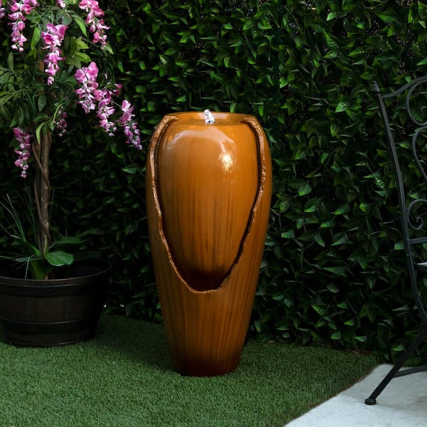 33 in. Tall Ceramic Outdoor Jar Water Urn Fountain with LED Light, Brown