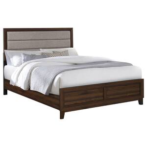 Welsley Walnut Brown and Taupe Wood Frame Eastern King Panel Bed with Padded Headboard