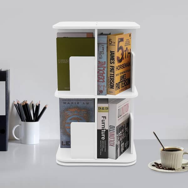 YIYIBYUS 26 in. Tall White PVC Plastic 2-Shelf 360° Rotating Small Bookshelf Free Standing Bookcase