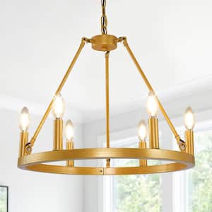 20 in. 6-Light Gold Elegant Mid-Century Metal Ceiling Light Farmhouse Wagon Wheel Chandelier for Living Dining Room