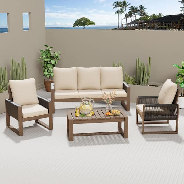 INMITOM 4-Piece Hemlock Wood Outdoor Conversation Set with Beige Cushion