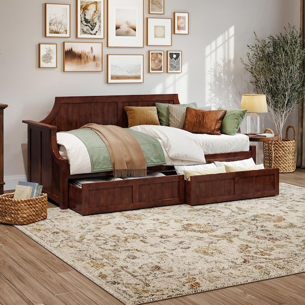 Cambridge Walnut Twin Solid Wood Daybed with Set of 2-Bed Drawers