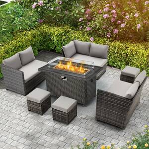 7-Piece Wicker Patio Conversation Set with Gray Cushions with 44 in. 50,000 BTU Propane Gas Fire Pit with Wind Guard