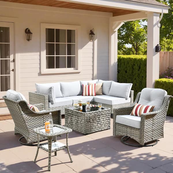 HOOOWOOO Holston 8-Piece Wicker Modern Outdoor Patio Conversation Sofa Seating Set with Swivel Chairs and Light Grey Cushions