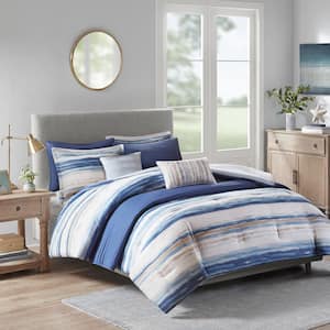 Anchorage 8-Piece Blue Full/Queen Polyester Printed Seersucker Comforter and Quilt Set Collection