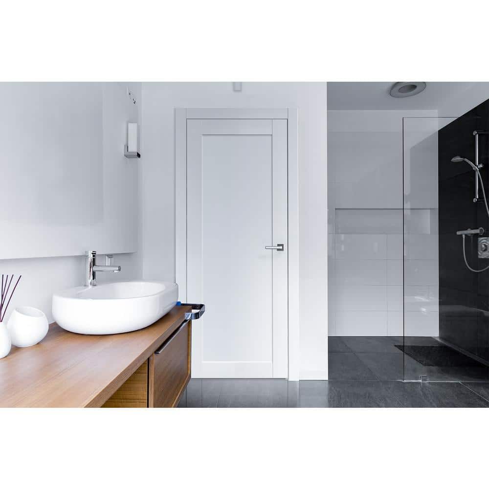 Snow White Pine Composite Single Prehung Interior Door with Satin Nickel Hinges