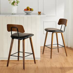 Seat Height 27in. H Mid-Century Modern Black Leatherette Bar Stool with Walnut Bentwood Frame and Backrest（Set of 2）