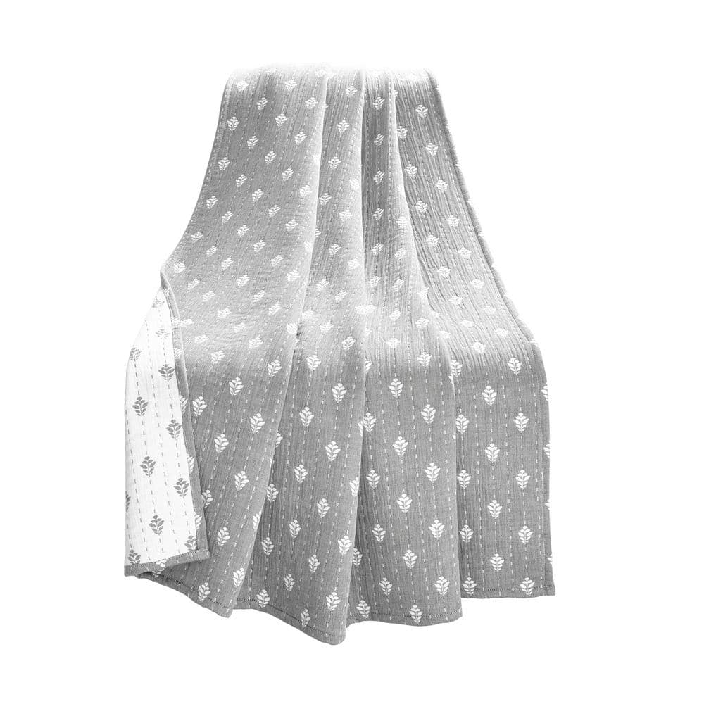 Gray and Off-White Reversible Cotton Jacquard Throw Blanket 60" x 50"