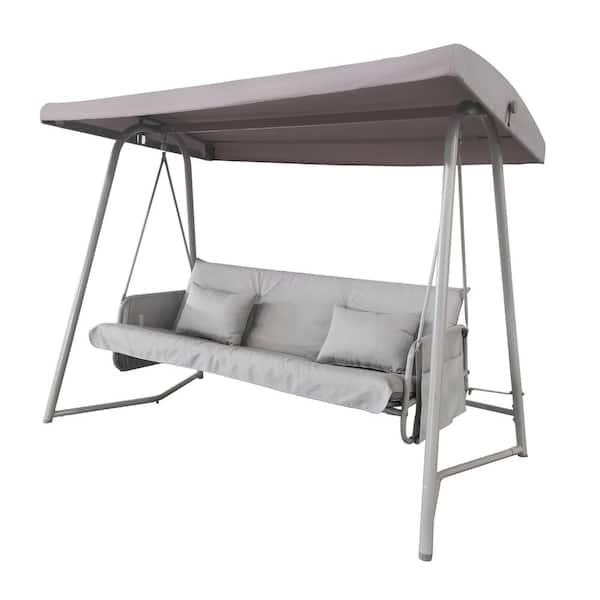 Sudzendf Metal Outdoor 3 seaters Patio Swing with Gray Cushion and Adjustable Canopy
