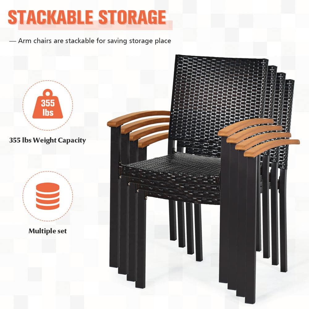 Rustic Wicker Dining Armchair with Cushions and Acacia Wood Armrests