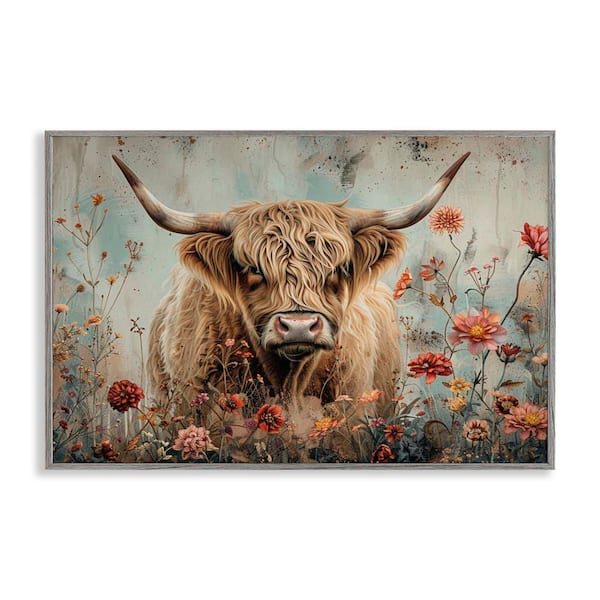 Stupell Industries Spring Blooms Highland Cow by LSR Design Studio Gray Framed Animal Giclee Art Print 20 in. x 30 in.