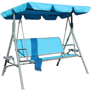 3-Person Blue Metal Outdoor Patio Swing Chair with Canopy