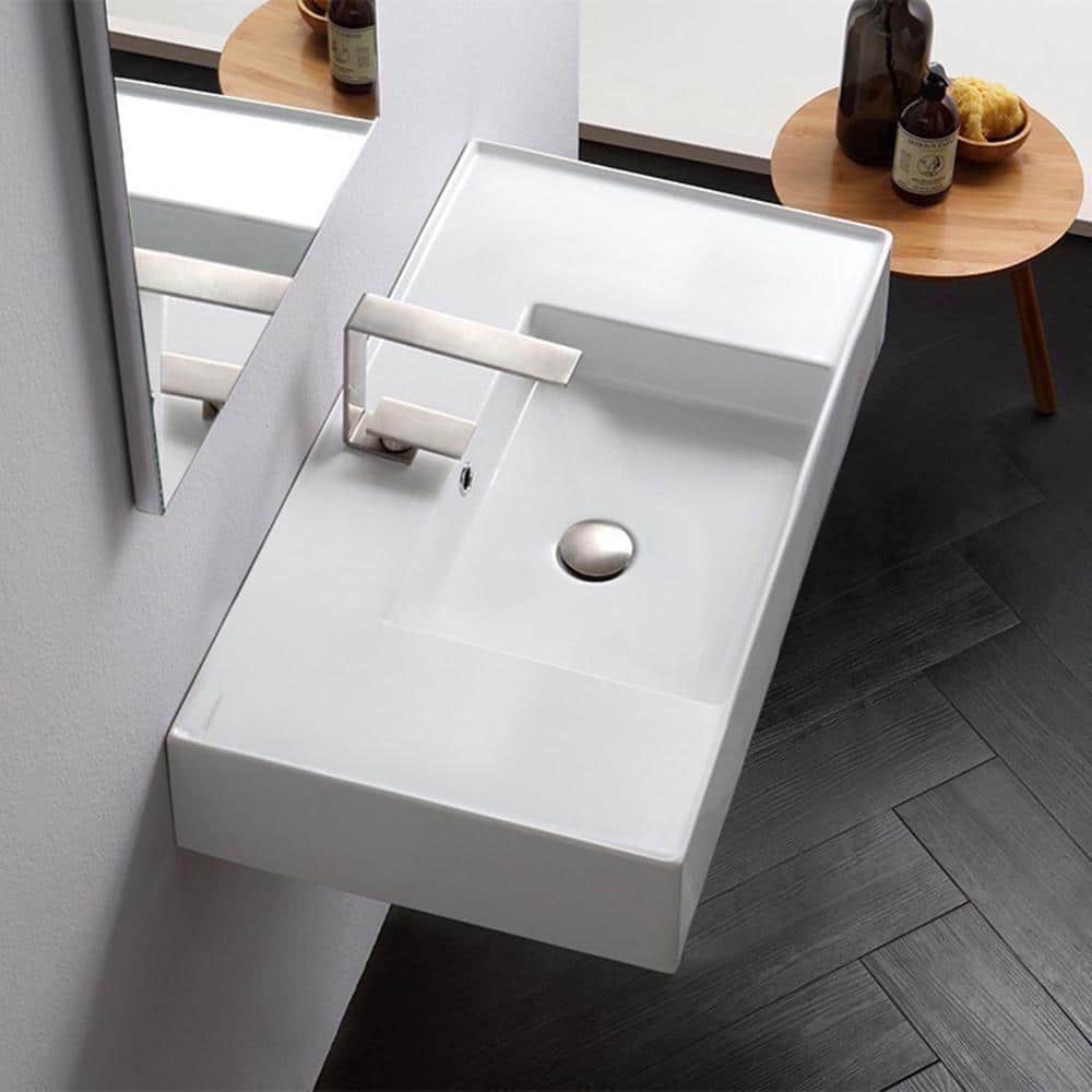 Glossy White Ceramic Rectangular Wall-Mount Bathroom Sink