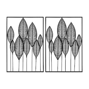 Set of 2 Metal Wall Panel with Leaf Motif in Black Finish