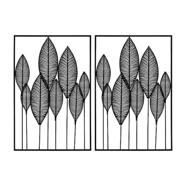 Stratton Home Decor Set of 2 Metal Wall Panel with Leaf Motif in Black Finish