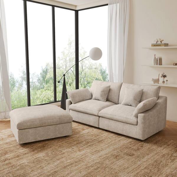 83 in. W Square Arm Linen Upholstered Rectangle 2-Seater Sectional Sofa with Ottoman in. khaki