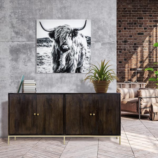 Yosemite Home Decor Nila 72 in. Dark Brown Mango Wood 4-Door Storage Cabinet with 3D Pattern Door Facades and Gold Metal Hardware And Base