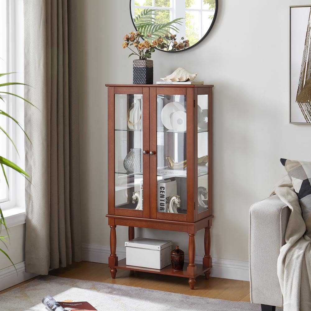 Walnut 48 in. H Lighted Curio Diapaly Cabinet with Adjustable Shelves Curio