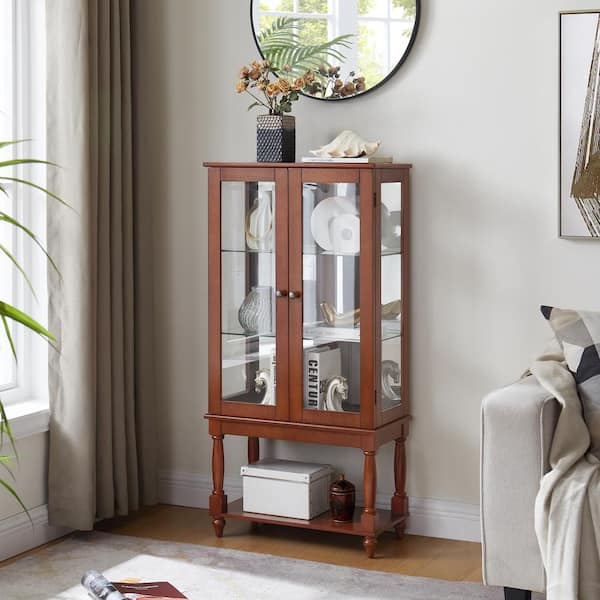 Unbranded Walnut 48 in. H Lighted Curio Diapaly Cabinet with Adjustable Shelves Curio Cabinet with Open Shelf Tempered Glass Doors