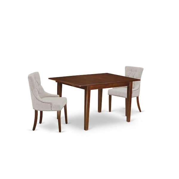 East West Furniture 3-Piece Mahogany Finish Rectangular Solid Wood Top with Butterfly Leaf Dining Table Set