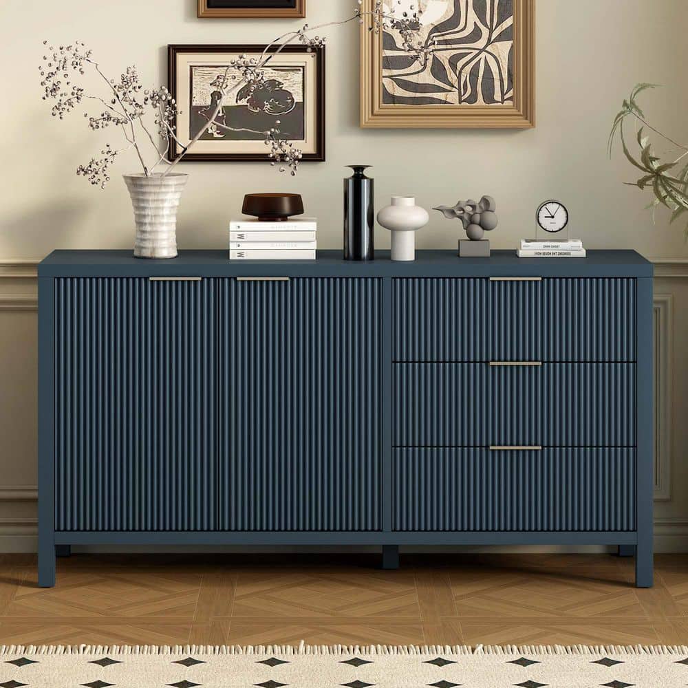 Lycvki 60 in. Navy Blue Kitchen Pantry Cabinet with 3-Drawers, 2-Doors ...