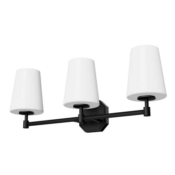 Nolita 24.5 in. 3 Light Matte Black Vanity Light with Cased White Glass Shades
