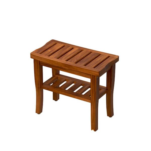 Waterproof Teak Shower Bench, Shower Stool in Teak with Storage Shelf, Bathroom Shower Seat for Adults Elderly
