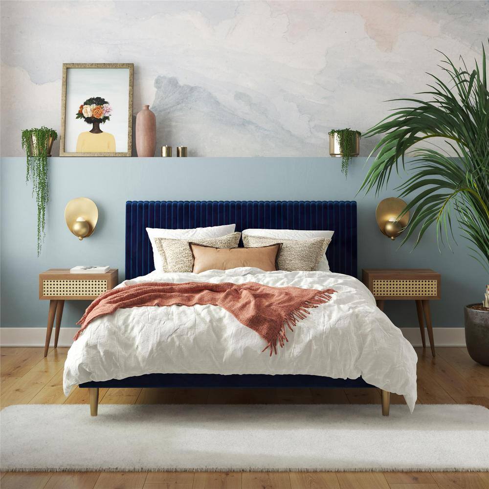 Serene Blue Velvet Queen Platform Bed with Tufted Headboard