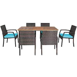 7-Piece Wicker Rectangular Outdoor Dining Set with Turquoise Cushions