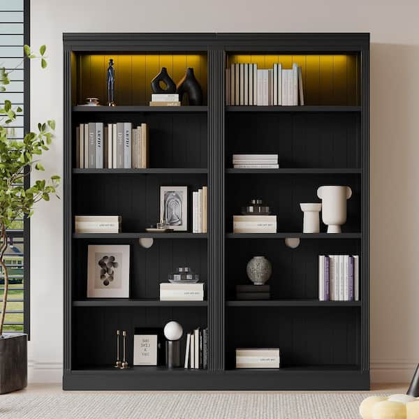 83.4 in. Tall Black Solid Wood Bookcase with Light Strip, Adjustable Shelves and Storage Organizer