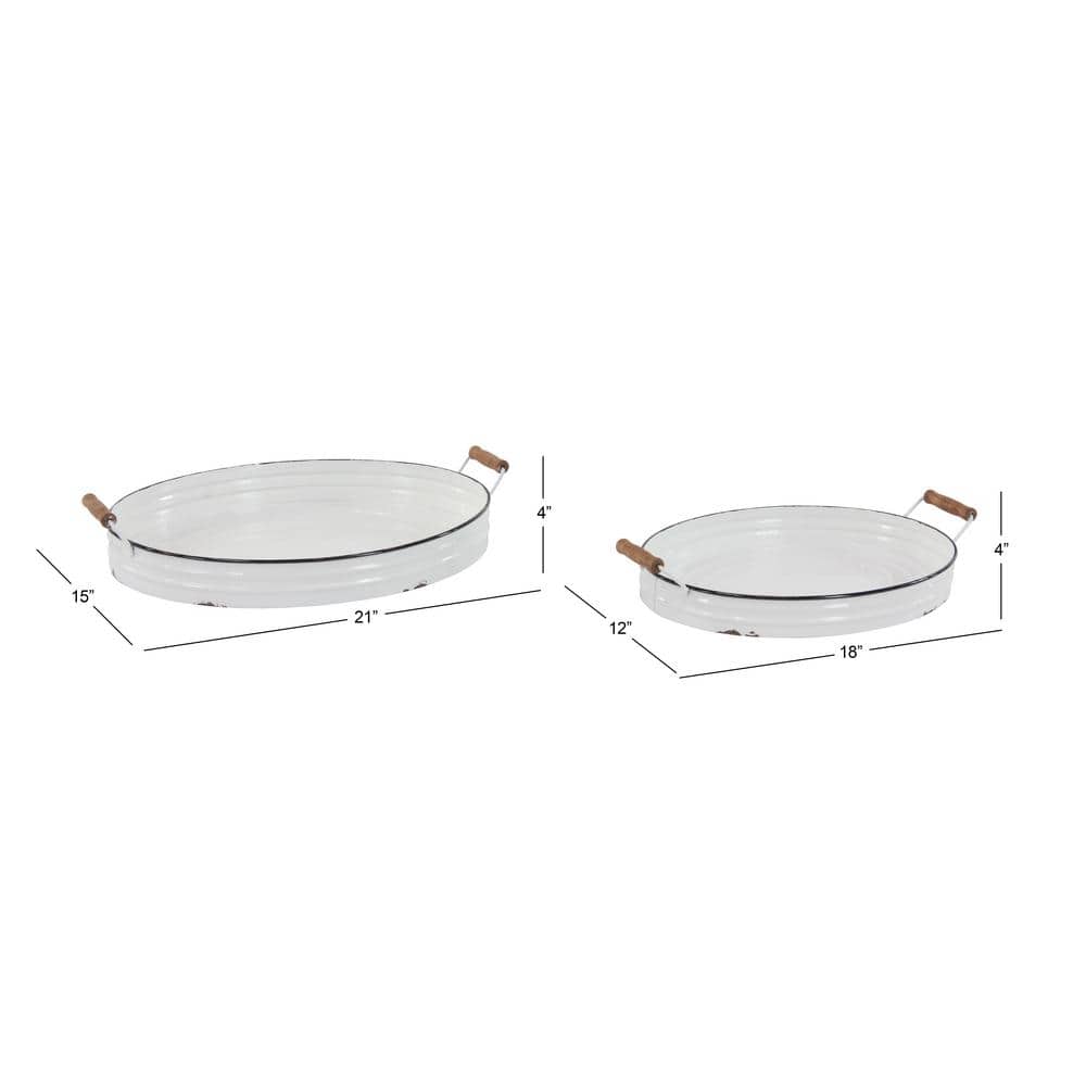 Farmhouse White Metal Tray Set with Wooden Handles, 2-Piece