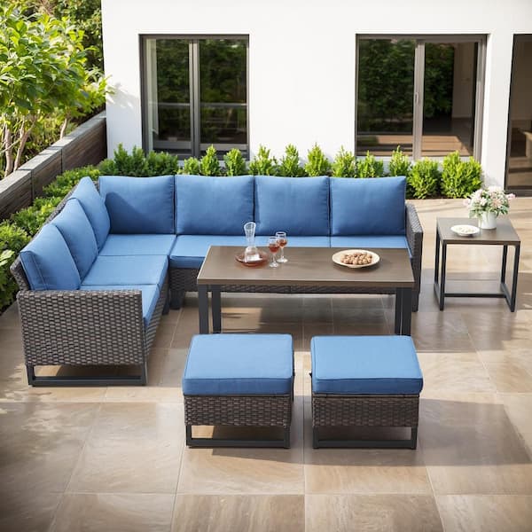 Pocassy U-Series 7-Piece Outdoor Brown Wicker Sofa PE Rattan Wicker Patio Conversation Set with CushionGuard Cushions(Blue)