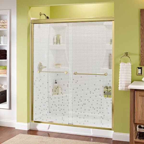 Delta Crestfield 60 in. x 70 in. Semi-Frameless Traditional Sliding Shower Door in Brass with Mozaic Glass