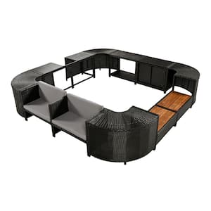 Black Wicker Spa Quadrilateral Outdoor Sectional Set with Storage Spaces and Gray Cushions for Patio, Backyard, Garden