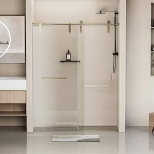 60 in. W x 76 in. H Frameless Stainless Steel Single Sliding Shower Door in Gold 5/16 in. Tempered Clear Glass