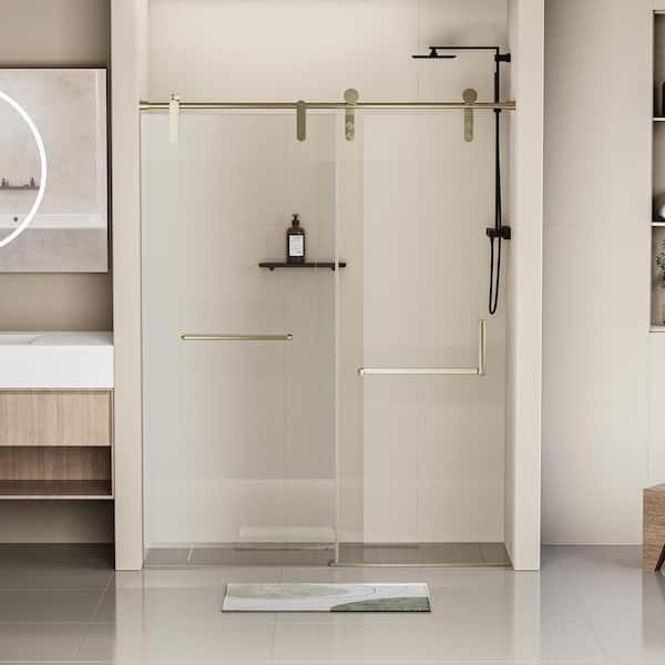Abruzzo 60 in. W x 76 in. H Frameless Stainless Steel Single Sliding Shower Door in Gold 5/16 in. Tempered Clear Glass