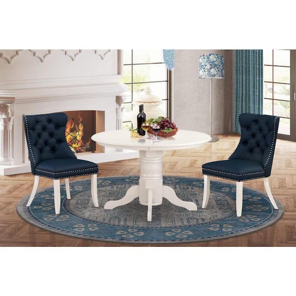 East West Furniture 3-Piece Linen white Solid Wood Top - Round Upholstered Dining Room Set - Seats 4