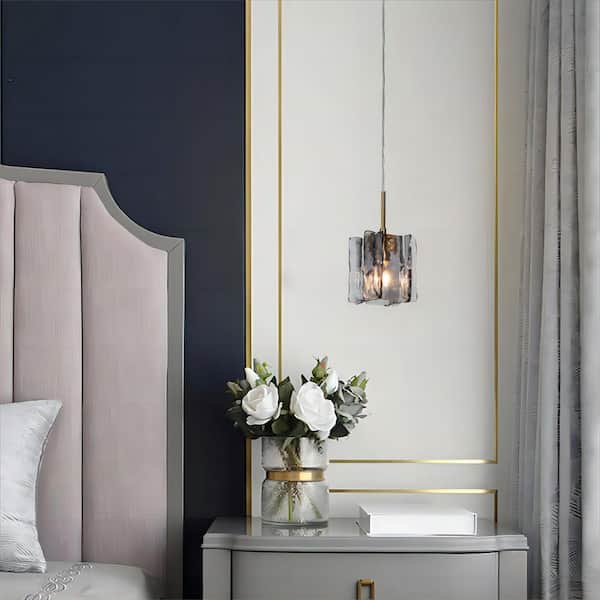 4.7 in. W Black Pendant Light 1-Light Modern Glam Brass Accent Island Mini Pendant with Square Textured Glass Shade