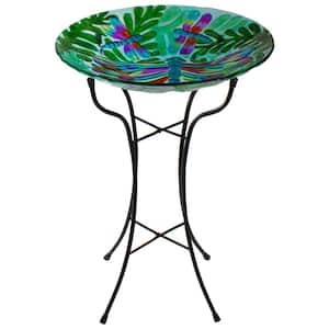 18 in. Colorful Dragonfly with Green Leaves Hand Painted Glass Outdoor Patio Birdbath
