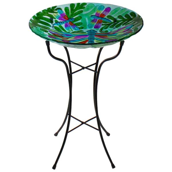 Northlight 18 in. Colorful Dragonfly with Green Leaves Hand Painted Glass Outdoor Patio Birdbath